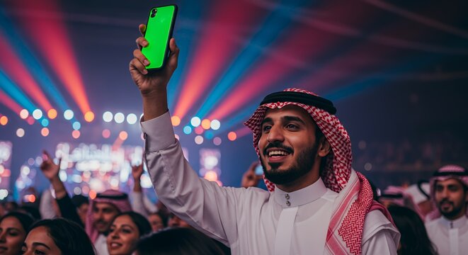 Arab Man Films Concert on Green Screen Phone