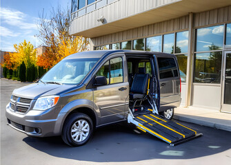 Accessible wheelchair lift-equipped vehicle with ramp and securement system parked outside medical facility, ready for transportation to appointments for people with mobility impairments.
