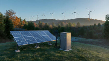 Solar panels in the foreground with wind turbines visible in the background against a clear blue sky