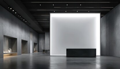 Empty art gallery space with a glowing white wall and black reception desk