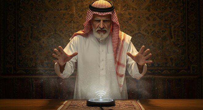 Arabian Elder Conjures Wireless Signal, Mystical Tech Blend - Powered by Adobe