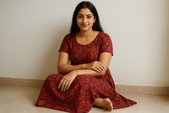 woman in a maroon maxi sits cross-legged on a tiled floor, resting one hand on their knee and the other on their arm. The plain wall and barefoot pose create a simple, introspective indoor moment.