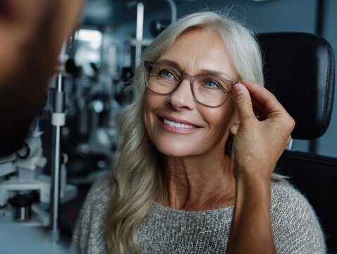 Optical Assessment: A cheerful senior woman smiles as an eye care professional adjusts her eyeglasses, showcasing an optometrist's expertise and emphasizing eye health.