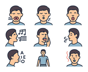 Fototapeta premium Vocal Warm-Up Icons. Flat icon set of vocal warm-up exercises: lip trill, humming lips, tongue roll, scale