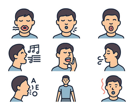 Vocal Warm-Up Icons. Flat icon set of vocal warm-up exercises: lip trill, humming lips, tongue roll, scale