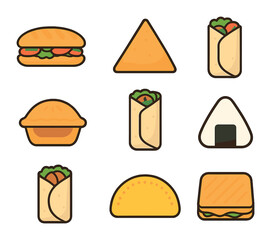 International Food Icons. Flat icon set of handheld international foods: banh mi, samosa, burrito, meat pie,
