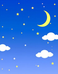 Fototapeta premium Whimsical night sky illustration with crescent moon, fluffy clouds, and golden stars on a serene blue background. Perfect for children's decor or dreamy design themes.