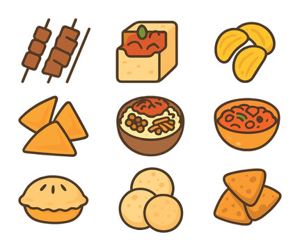 African Snack Icons. Flat icon set of African street snacks: suya, bunny chow, plantain chips, fataya, mandazi