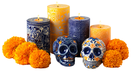 Day of the Dead (Día de Muertos) traditional items: sugar skulls, candles, and marigolds, isolated on white background