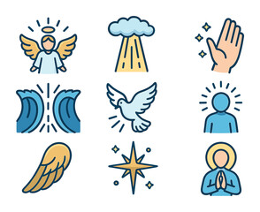 Fototapeta premium Divine Intervention Icons. Flat icon set of divine intervention: radiant angel, light beam from clouds,