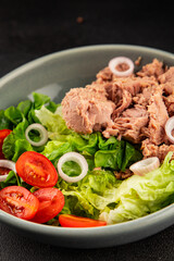 Tuna salad green leaf lettuce, canned tuna, tomato fresh delicious gourmet food background on the table rustic food top view copy space keto and paleo diet vegetarian food pescetarian diet