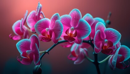 Obraz na płótnie Canvas Pink and blue orchids with dewdrops in soft light