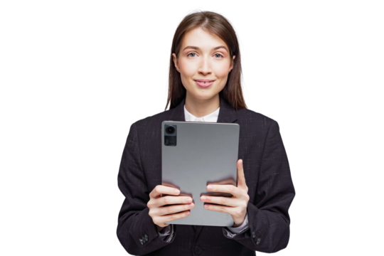 Professional woman holding a tablet in a business setting, showcasing confidence and modern technology at work - Powered by Adobe