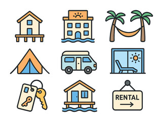Obraz premium Beachside Accommodations Icons. Flat icon set of beachside accommodations: beach house, coastal hotel, hammock