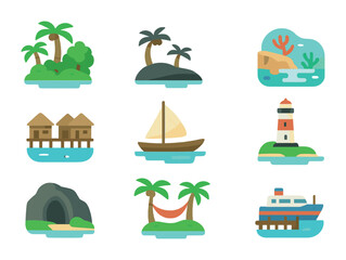 Remote Island Icons. Flat icon set of remote islands to explore: jungle island, black sand beach, coral reef