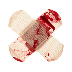 Wounded Bandage: A striking close-up showcases a pair of bloodstained bandages in an 'X' formation, evoking themes of injury, healing, and healthcare.