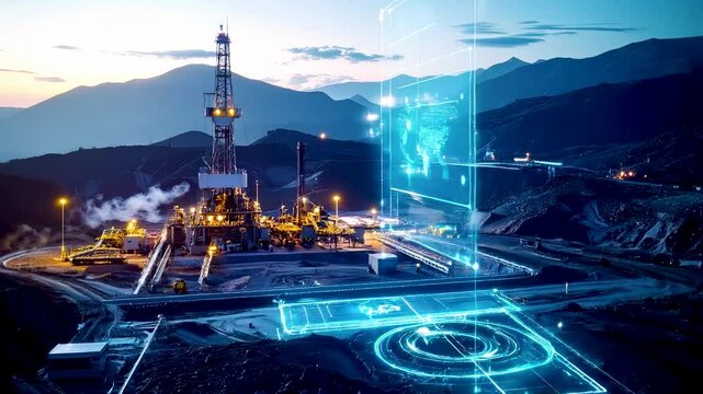 Futuristic carbon-capture facility in a mountainous landscape, featuring advanced AI holographic monitoring system and underground CO2 storage pipelines glowing with digital energy.