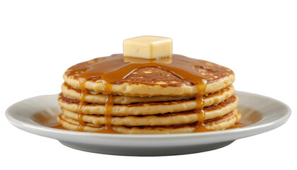 A stack of pancakes with butter and syrup on a white plate against a black background close up view