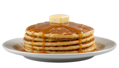 A stack of pancakes with butter and syrup on a white plate against a black background close up view