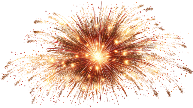 Red and gold firework burst with glowing spark particles, isolated on white background