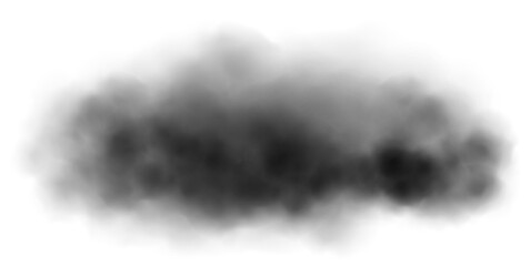 Black smoke cloud isolated on white background. Dark realistic fog cloud with soft edges and transparent texture. Vector illustration for explosion, pollution, or dramatic effect themes.