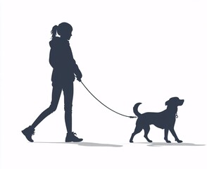 Silhouette of a woman walking her dog on a leash, portraying a peaceful moment of pet companionship and outdoor exercise.