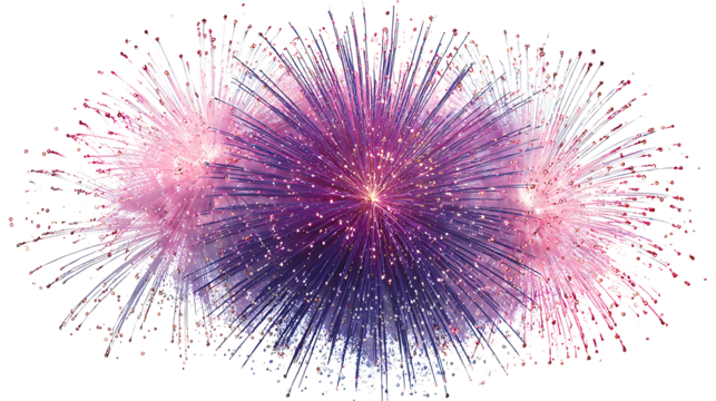 Fireworks forming circular patterns with rainbow-colored trails, isolated on white background.
