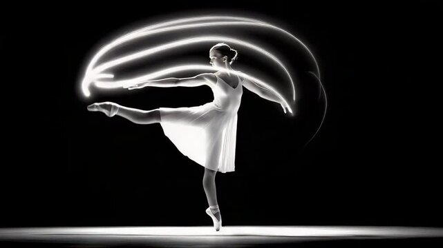 Elegant ballet dancer white dress performing graceful pose stage with glowing light trails, dramatic lighting, artistic expression, poised feminine movement, contemporary performance, and elegant