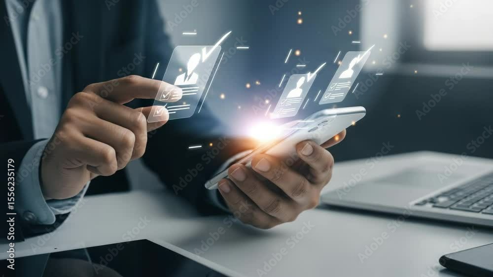 Poster person holding phone with digital profiles and checkmarks in a business setting at a desk
