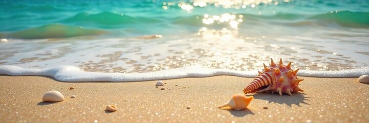 Obraz premium Sun-kissed sand, ocean waves gently lapping the shore, seashells scattered along the tideline A quintessential summer beach scene, perfect for travel and vacation imagery , nature, calmness, blue