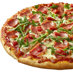 Delicious Salami Pizza with Arugula and Melted Mozzarella Cheese isolated on a transparent background 1