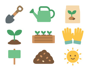 Kids Gardening Icons. Flat icon set of kids gardening education: small shovel, watering can, seed packet,