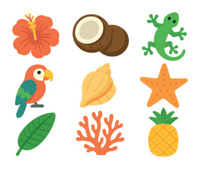 Island Flora & Fauna. Flat icon set of island flora and fauna: hibiscus flower, coconut, gecko, parrot,