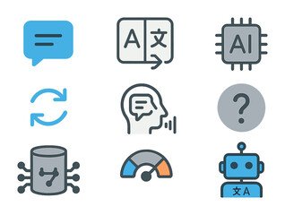 NLP Icon Grid. Flat icon set of natural language processing in support: text bubble, language icon, AI parsing