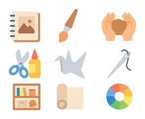 Creative Hobbies Icons. Flat icon set of creative hobbies exploration: sketchbook, paintbrush, clay hands,
