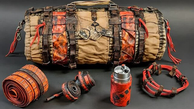 Ornate, rugged, patched bag and accessories