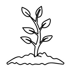 Black line art of a plant growing from soil on white background
