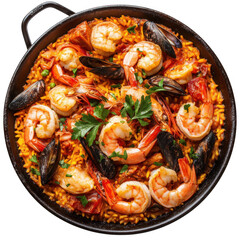 Delicious Seafood Paella with Shrimp Mussels Saffron Rice isolated on a transparent background image