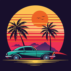 Retro sunset scene with palm trees and vintage car, summer vibe, tropical beach vector illustration
