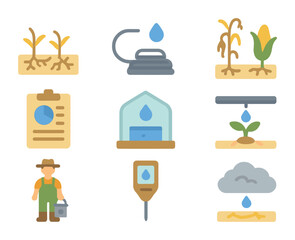 Water Crisis Icons. Flat icon set of water crisis in agriculture: dry crop field, irrigation hose, wilted corn