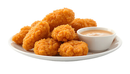 A plate of golden fried chicken nuggets with a small bowl of dipping sauce on a black background