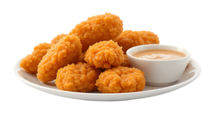 A plate of golden fried chicken nuggets with a small bowl of dipping sauce on a black background