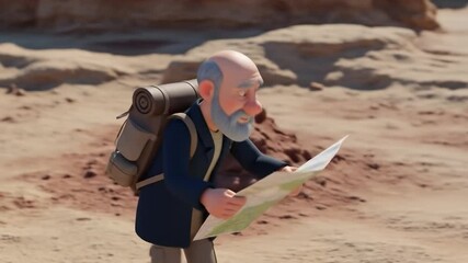 Animated Elderly Hiker Navigating Desert Terrain with Map, Backpack Adventure - Powered by Adobe