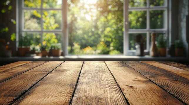 product Kitchen podium background minimalistic platform on blurred window background. counter wood, board desk restaurant, Minimal scene, with sun lights display mockup 