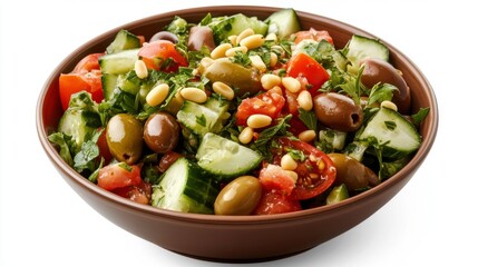Mediterranean Salad Bowl: A vibrant and healthy Mediterranean salad in a rustic bowl, featuring fresh cucumber, tomatoes, olives, and pine nuts.