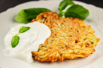 Potato pancakes drainiki potato cutlets vegetable dish fresh delicious gourmet food background on the table rustic food top view copy space vegan and vegetarian food