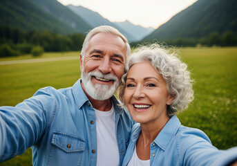 Joyful senior couple taking a selfie in a scenic mountain landscape