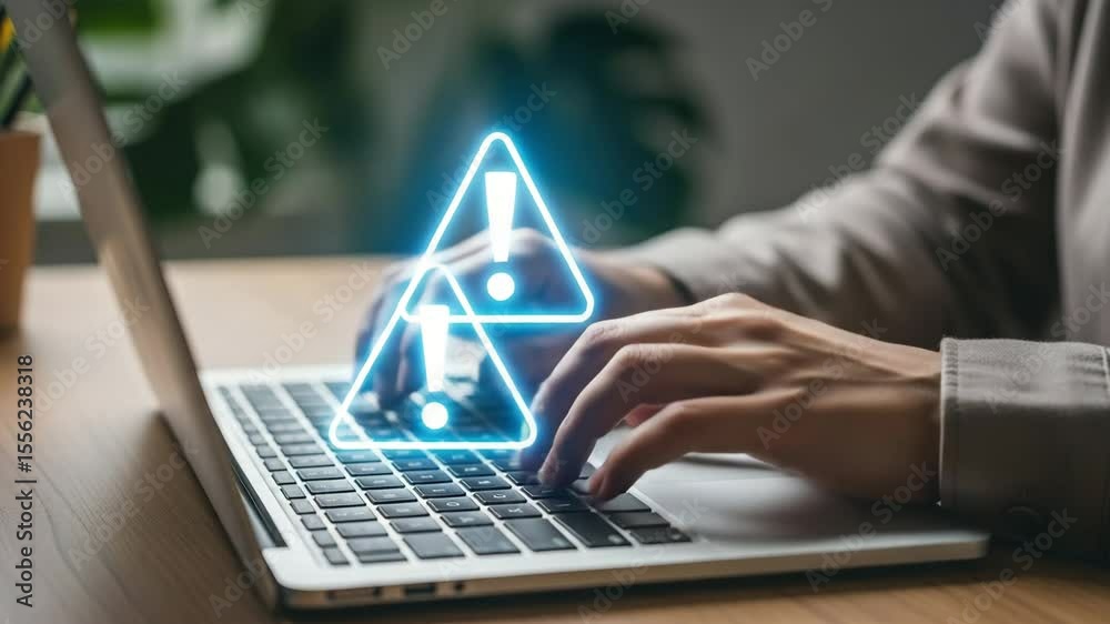 Poster person typing on a laptop with superimposed warning signs highlighting potential security issues onl