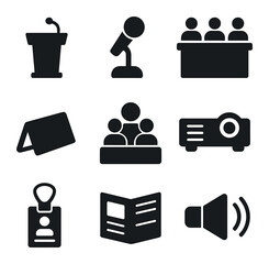 Conference Icon Set. Solid, filled icons set of business conference halls: stage podium, microphone, panel