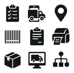 Logistics Icon Set. Solid, filled icons set of logistics office spaces: delivery board, tracking icon, map pin